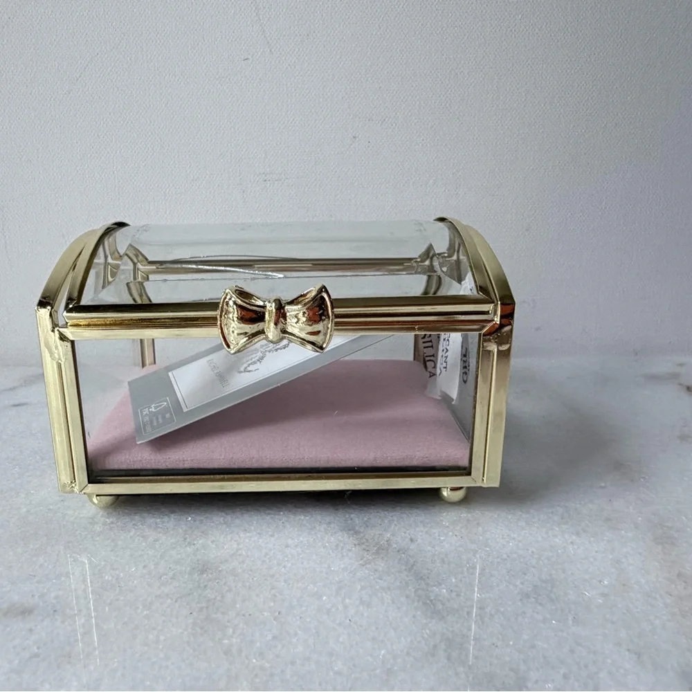 Gold trim and Glass Jewelry Box vintage style pink cushion